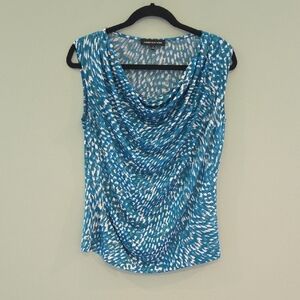 Jones NY Blue, White & Green Ocean Patterned Ruched Sleeveless Blouse Small